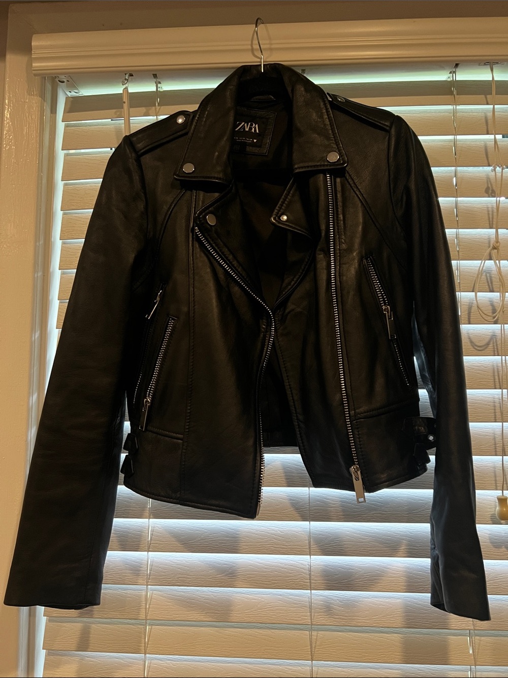 Zara Black Leather Biker Moto Jacket with Zip Details